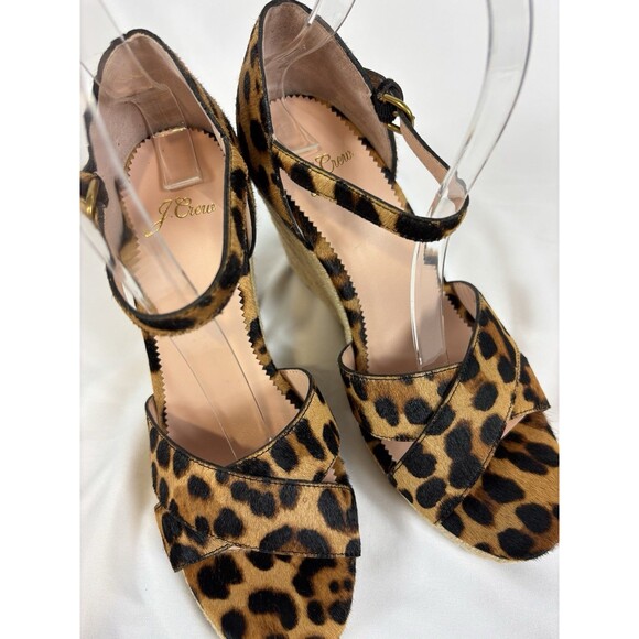 J Crew Animal Print Wedges Brown Black Tan Fur Size 8 Leopard Ankle Strap Buckle - Picture 2 of 10